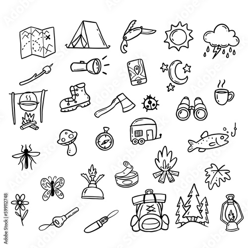 Hand drawn camping and hiking elements, isolated on white background. Cute background full of icons perfect for summer camp flyers and posters. Outlined vector illustration.
