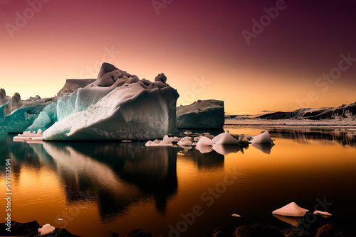 Antarctic ocean, iceberg landscape, turquoise and blue water, sunny day. Multi color illustration.