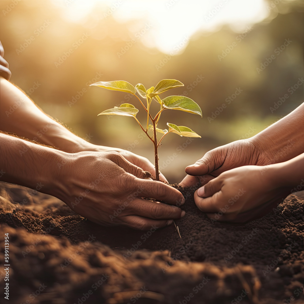 Two men planting a tree concept of world environment day planting forest, nature, and ecology A young man's hands are planting saplings and trees that grow in the soil while working to save the world. - obrazy, fototapety, plakaty 
