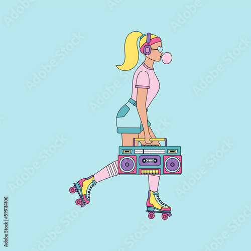 A girl with roller skates. Fashionable girl with tape recorder riding roller skates. Retro fashion style from 80-90s. Vector illustration.