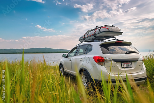 Enjoy the nature in the grass on the lake. Camping summer activities. Adventure travel with cars, tents