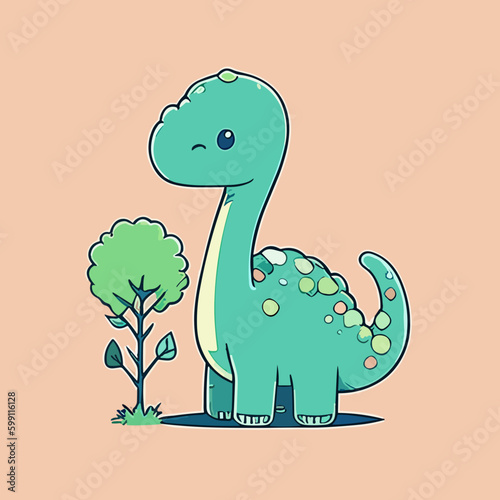 Cute cartoon dinosaur with leaves. Vector illustration for your design.
