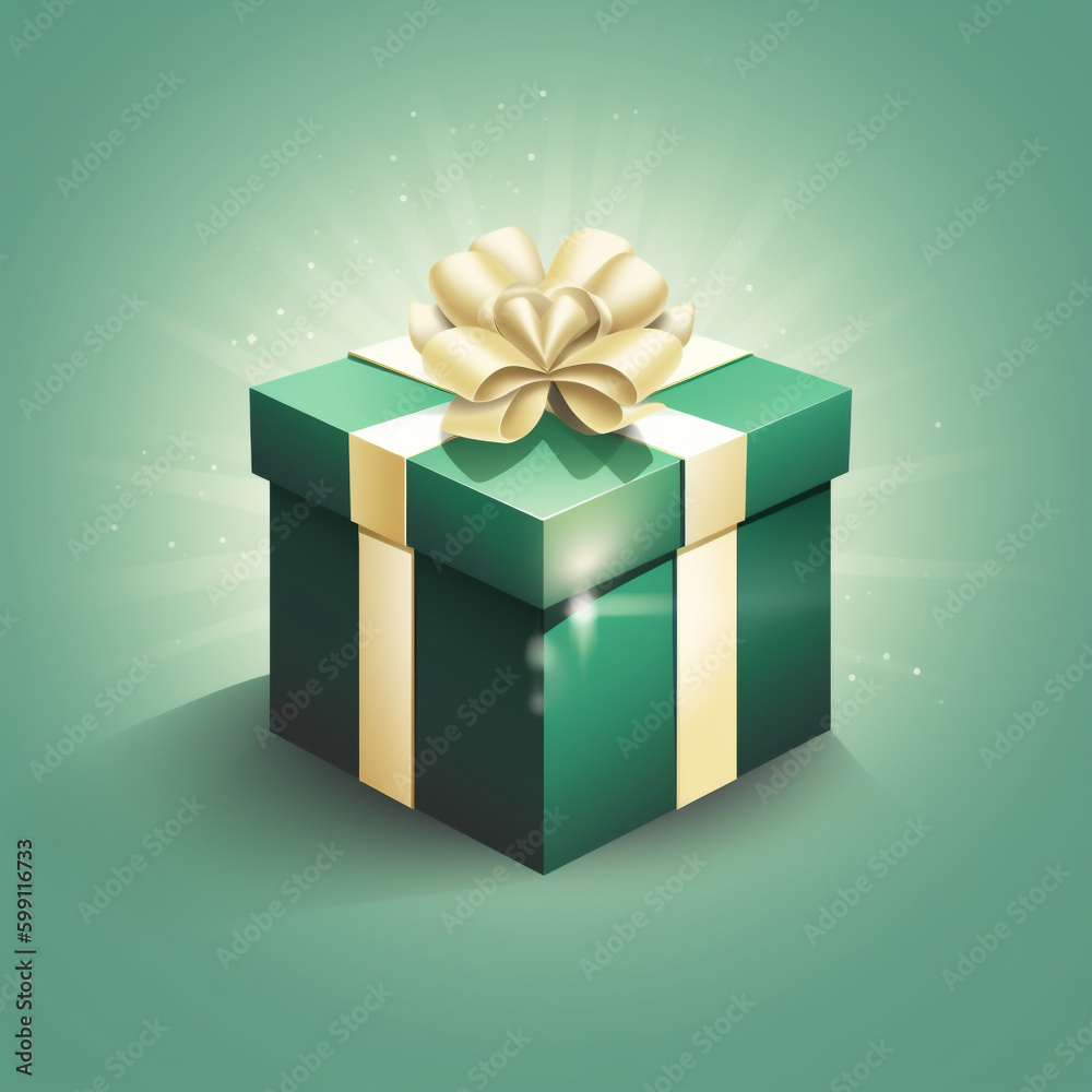 grünes Geschenk mit beiger Schleife auf hellgrünem Hintergrund. quadratisch. Generative Ai.