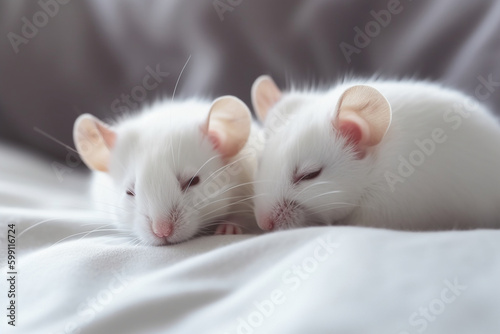 a pair of cute white mice sleeping on the bed