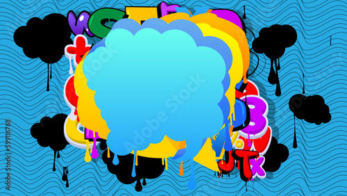 Blue Speech Bubble Graffiti with abstract colorful Background. Urban painting style backdrop. Discussion symbol in modern dirty street art decoration.