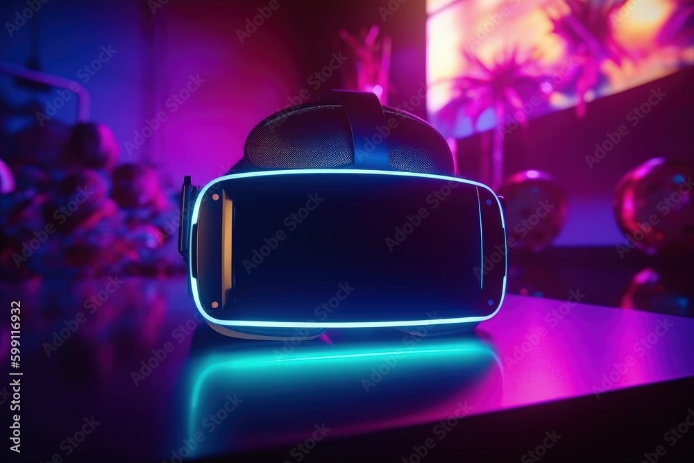 3D virtual reality glasses, bokeh background with neon lights, digital illustration. Generative AI 3D virtual reality glasses, bokeh background with neon lights, digital illustration. Generative AI