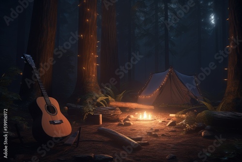 Camping in the woods with guitar and campfire at night, digital illustration. Generative AI