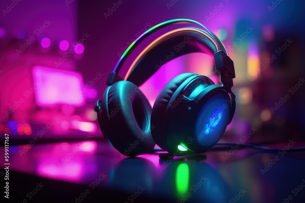 Gamer headset with RGB lights, gamer room in background, bokeh background. Generative AI Gamer headset with RGB lights, gamer room in background, bokeh background. Generative AI