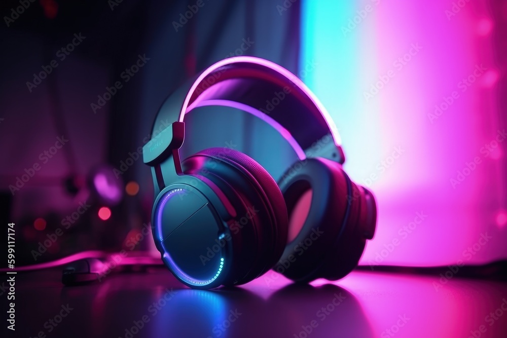 Gamer headset with RGB lights, gamer room in background, bokeh background. Generative AI Gamer headset with RGB lights, gamer room in background, bokeh background. Generative AI