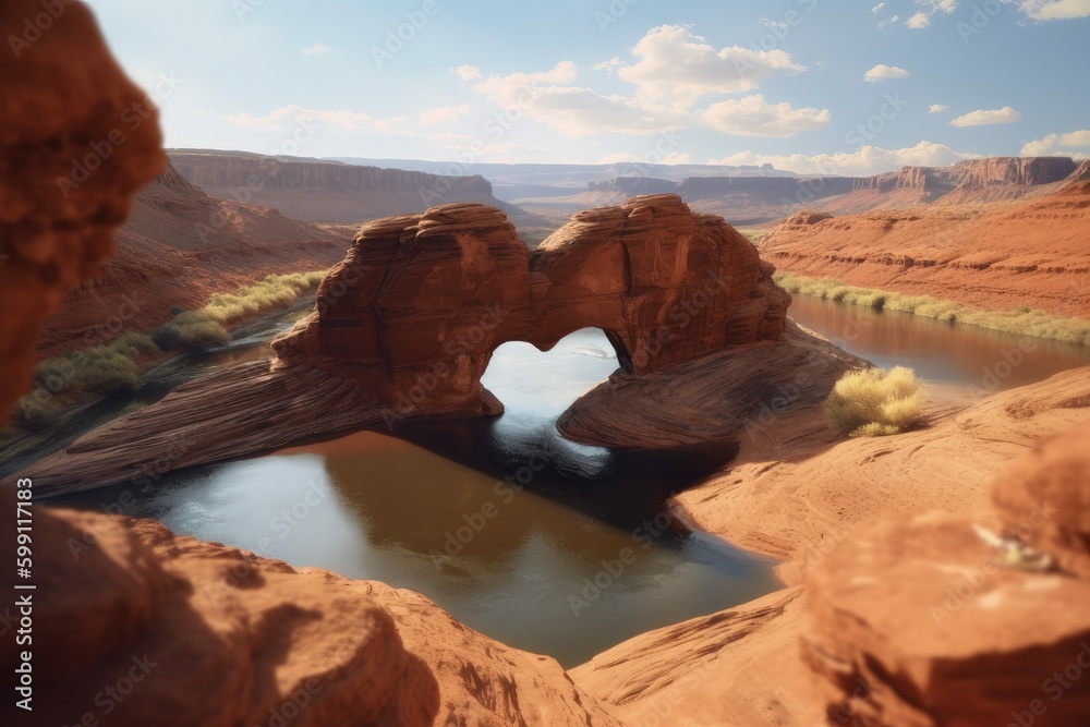 Landscape with heart-shaped stone gateway, river and canyons, digital illustration. Generative AI