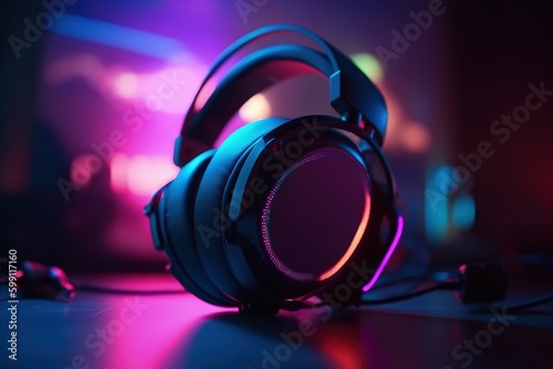Gamer headset with RGB lights, gamer room in background, bokeh background. Generative AI