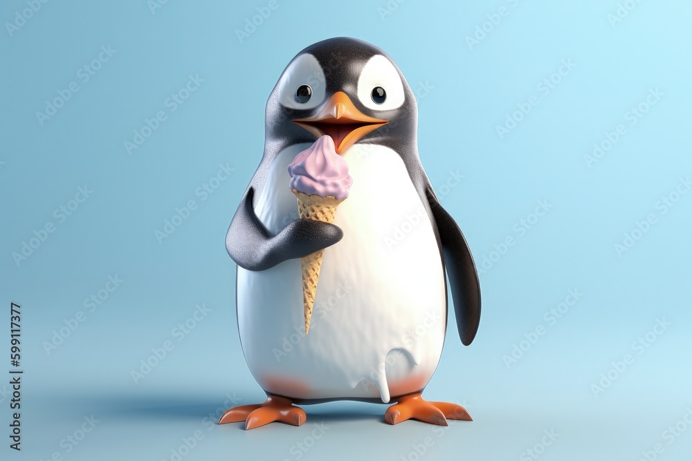 Obraz premium Penguin with ice cream, blue background, digital illustration. Generative AI