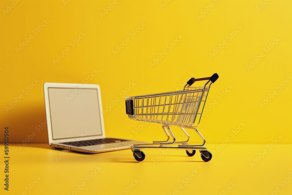 Trolley and laptop illustration, online store concept, yellow background. Generative AI