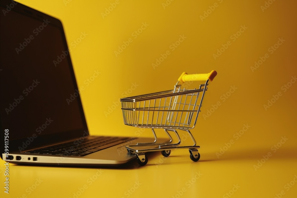 Trolley and laptop illustration, online store concept, yellow background. Generative AI