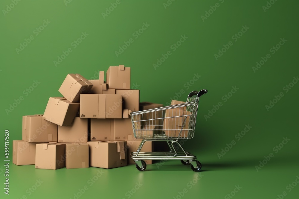 Illustration of shopping cart and cardboard boxes, online store concept, green background. Generative AI