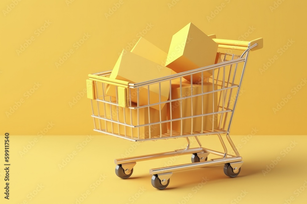 Illustration of shopping cart and cardboard boxes, online store concept, yellow background. Generative AI