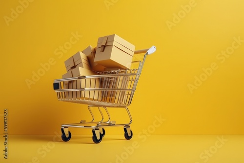 Illustration of shopping cart and cardboard boxes, online store concept, yellow background. Generative AI