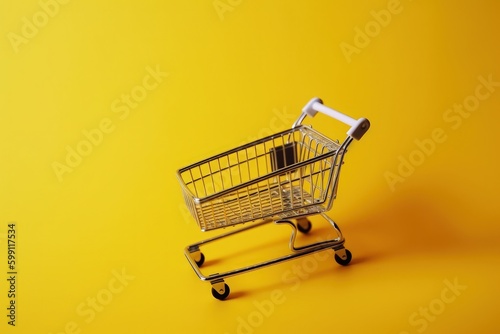  Illustration of shopping cart, online store concept, yellow background. Generative AI