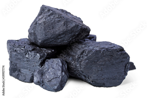 Several coal stones lie in a pile. Isolated on a transparent layer.