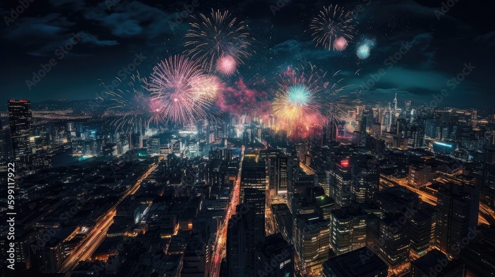 A dazzling and spectacular fireworks display lighting up the night sky