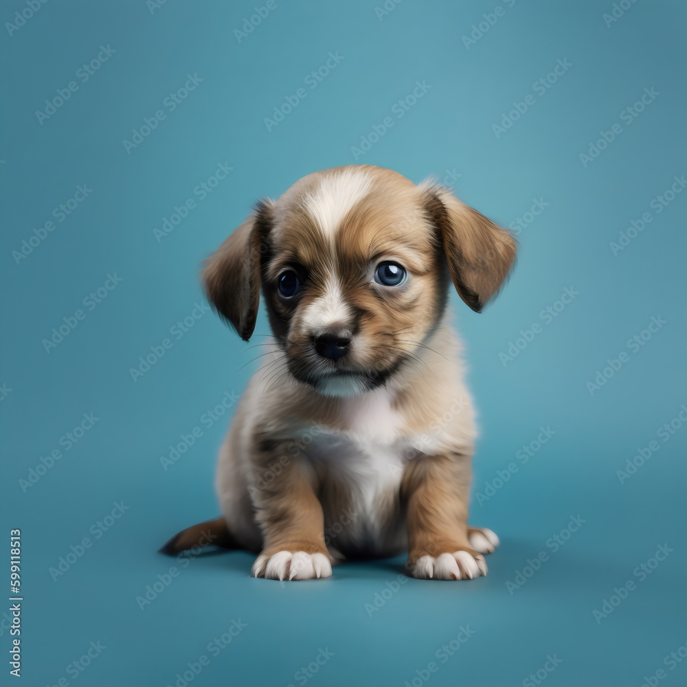 puppy dog terrier sitting isolated on plain blue studio background, made with generative ai	