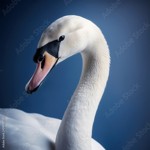 white swan close up of head isolated on plain blue studio background, made with generative ai	