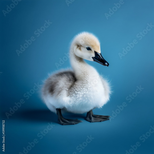 Fototapeta Naklejka Na Ścianę i Meble -  swan baby cygnet gray with black feet isolated on plain blue studio background, made with generative ai	