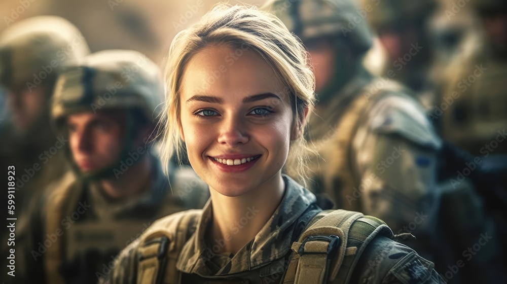 Smiling Young female adult soldier in a soldier's uniform together with other soldiers in a soldier's uniform on a mission. Generative AI Smiling Young female adult soldier in a soldier's uniform together with other soldiers in a soldier's uniform on a mission. Generative AI