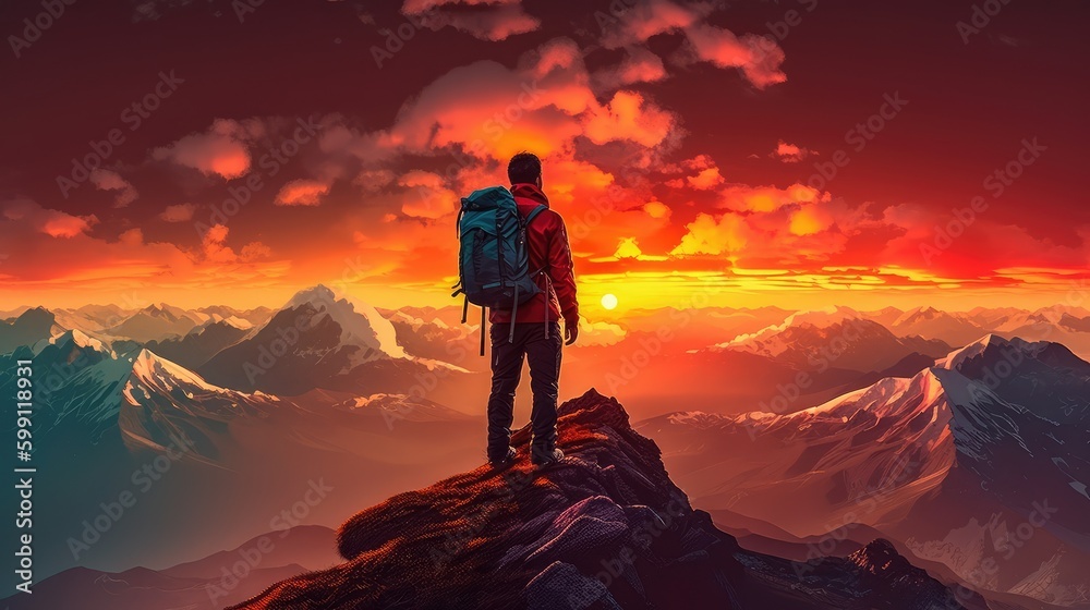 man standing on top of a mountain with a backpack on his back and a sunset in the background behind him, with a red sky and orange clouds and a red hued. Generative AI