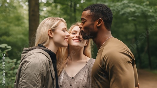 Polyamorous people, Smiling young women living in a Polyamorous relationship with a black  men, posing at a park. 	 photo