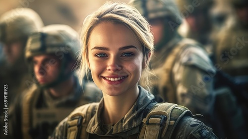 Smiling Young female adult soldier in a soldier's uniform together with other soldiers in a soldier's uniform on a mission. Generative AI 