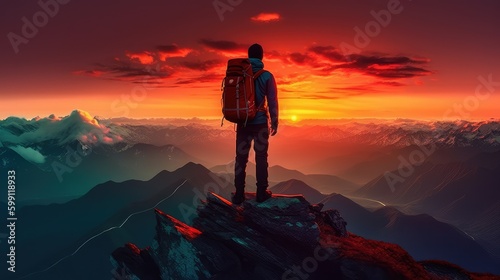man standing on top of a mountain with a backpack on his back and a sunset in the background behind him, with a red sky and orange clouds and a red hued. Generative AI © Adriana