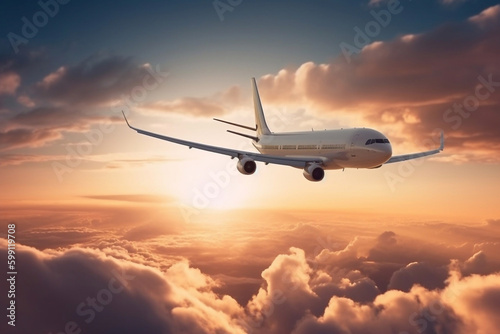 passenger plane flies in a beautiful dramatic sky. sunset sky with clouds. AI Generated