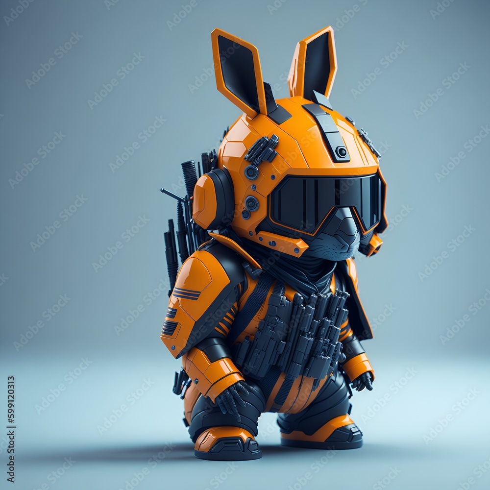 isometric view of a MINI cute futuristic soldier rabbit wearing cyberpunk jacket. orange skin. Cinematic, hyper detailed, white gradient background 