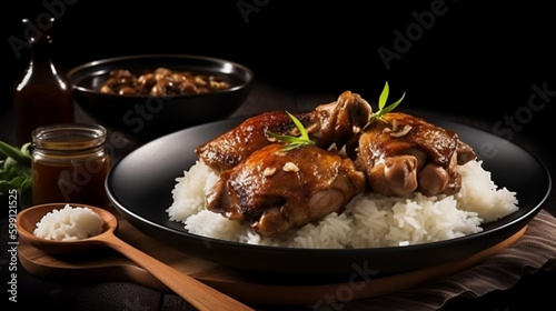 Filipino traditional chicken adobo with banana leaf decor on a wooden plate. Generative Ai. photo