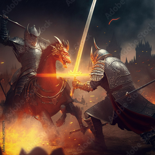 Knights fiercely slashing each other with swords on a burning battlefield   Generative AI