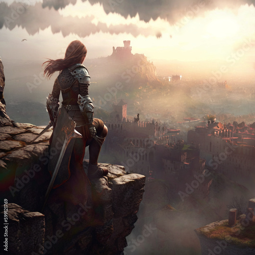 Female knight overlooking the old castle from the top of the cliff｜Generative AI