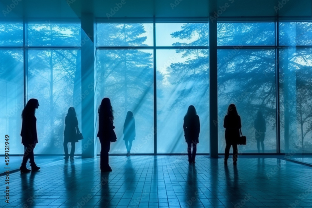 A group of standing women, in silhouette against a blue background.