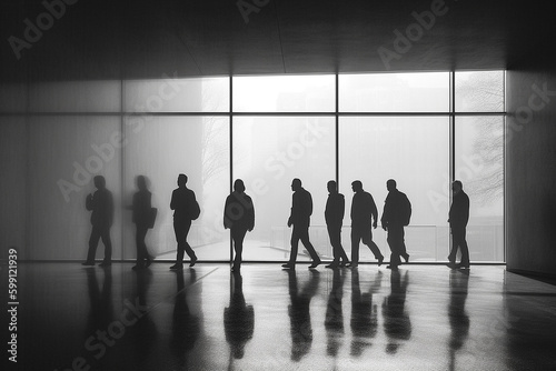 A group of standing men, in silhouette in a grey monochrome. Abstract business meetings.