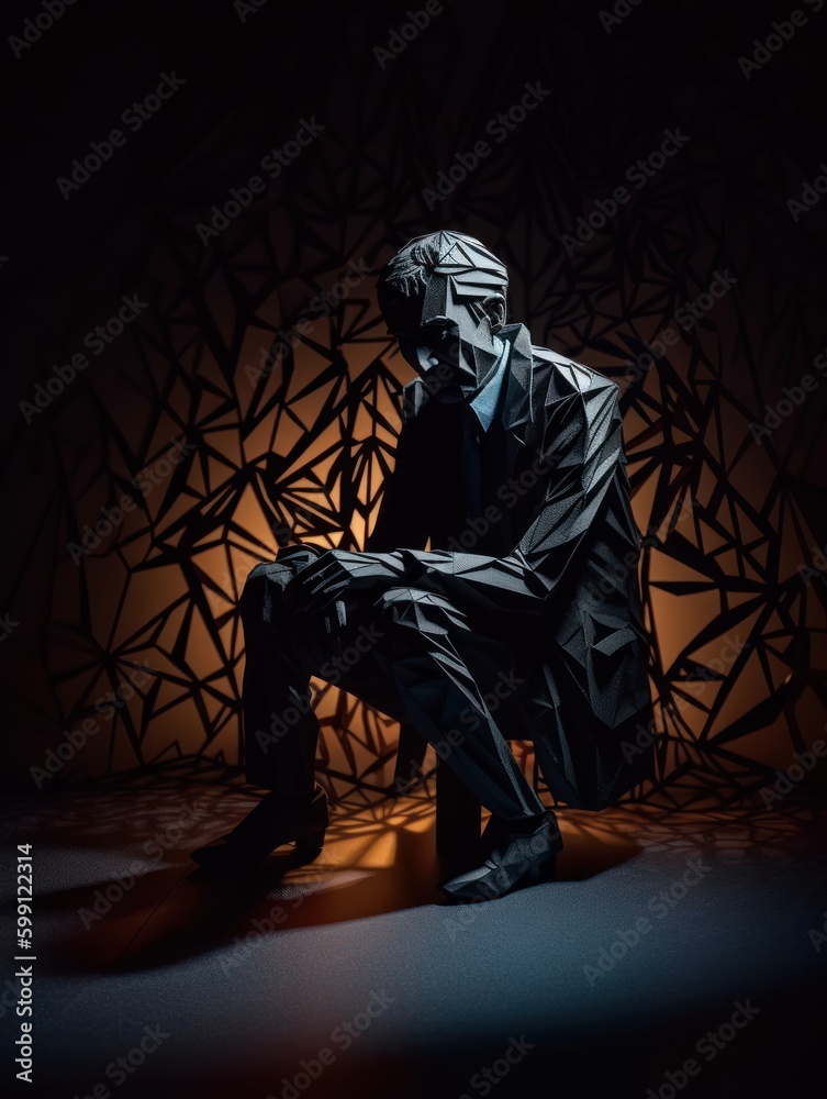 Dark Times: A Frustrated Businessman Struggling with Depression in origami despair, generative ai