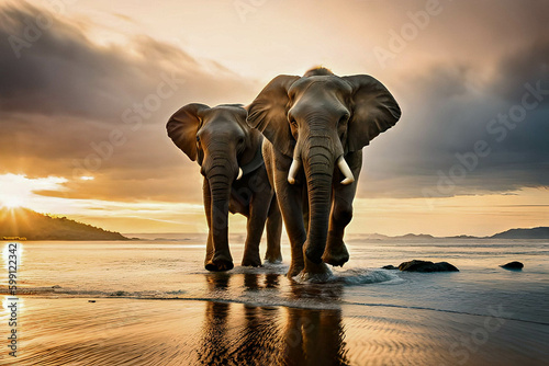 elephants walking on the beach nature background  walking and looking at camera