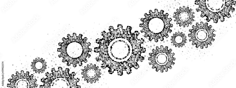 Halftone mechanical vector background frame. Texture of gears made of plexus dots. Pattern of linear particles, circles, spheres. Poster for presentation, technology, medicine, business.