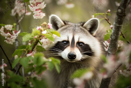 Adorable Raccoon Under Cherry Tree in Spring. Generative ai