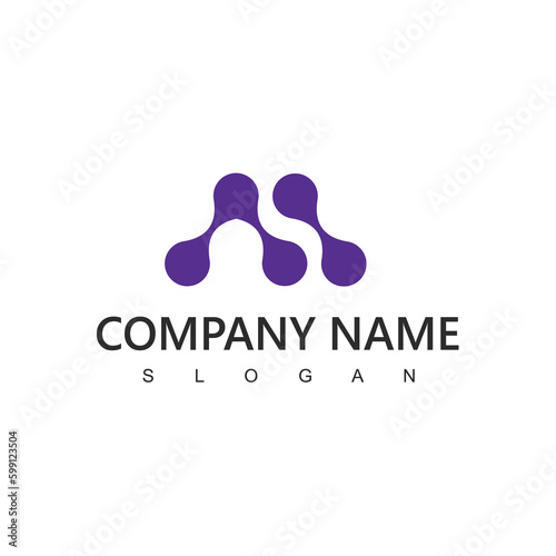 Letter M with Dot and Curve ,Circles shape connected, Molecule and Nano Technology logotype, innovation tech, Medicine, Science, Laboratory, Cosmetics