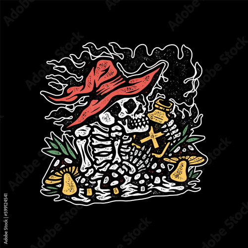 Hand drawn vintage dark skull illustration