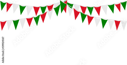 Italian republic day, 2nd June. Bunting Hanging Red White Green Flag Triangles Banner Background. Italy, Iran, Portugal, Lebanon, Belarus, Bulgaria, Mexico. Party, Fair, Christmas, New year, carnival.