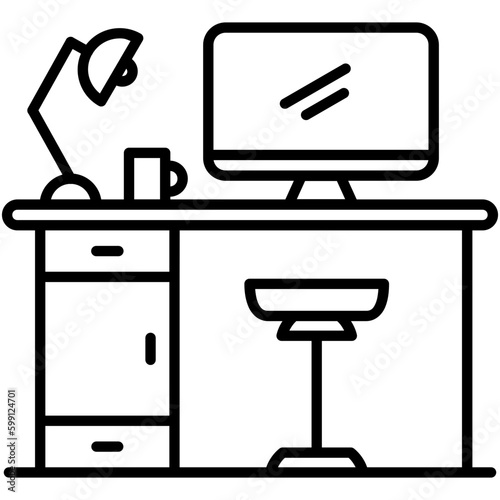Computer desk Icon. Workspace Symbol. Line Icon Vector Stock