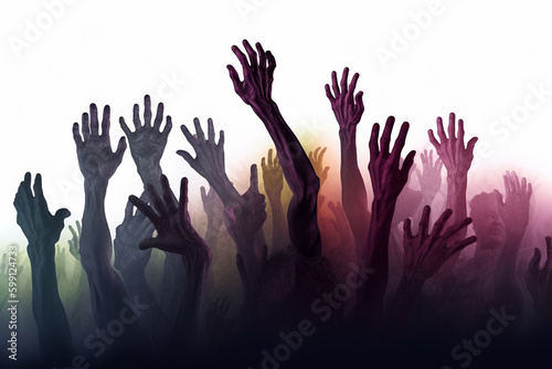 Silhouettes of hands raised up at a music festival or festival