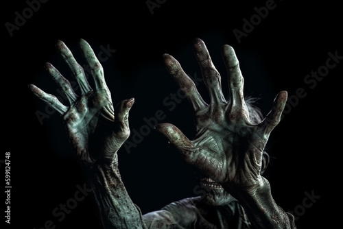 Zombie hands rising out of the water. Horror Halloween concept.