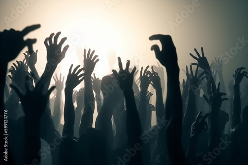 Silhouettes of hands raised up at a music festival or festival